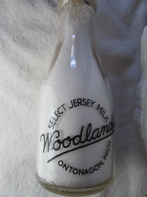 Vintage One Quart Milk Bottle, Woodlands Select Jersey Milk, Ontonagon, Michigan