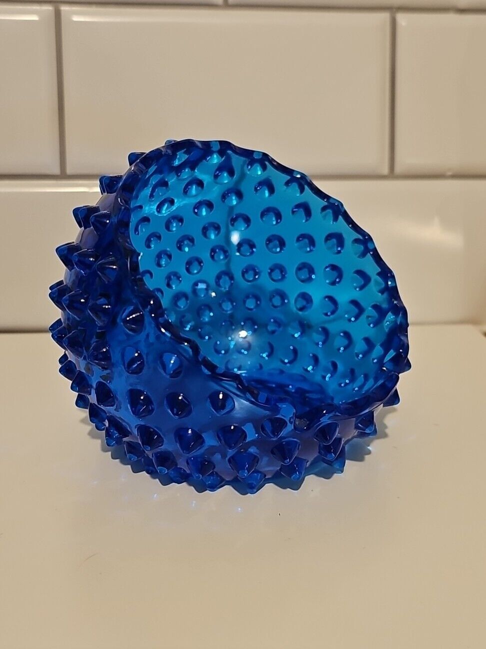 Vintage MCM Fenton Colonial Blue Hobnail Round Orb Dome Large Glass Ashtray NICE