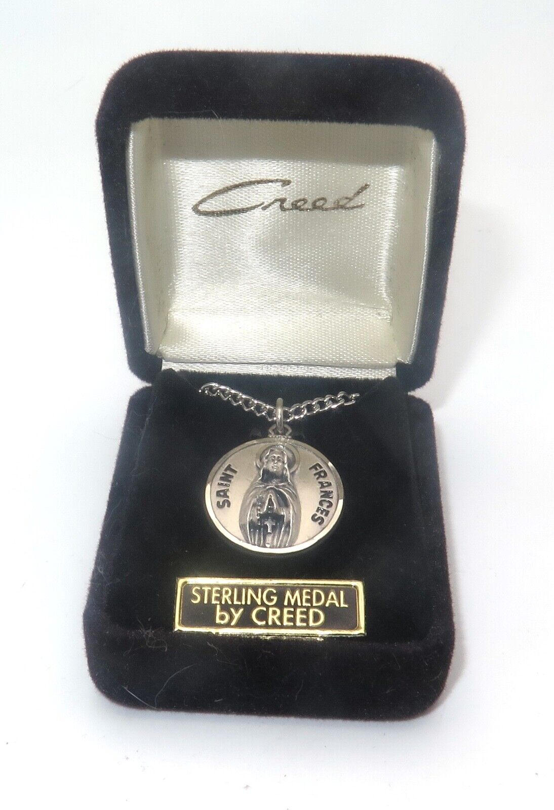 NIB Sterling Silver 925 Creed Saint Frances Medal Christian Pendant Necklace Box