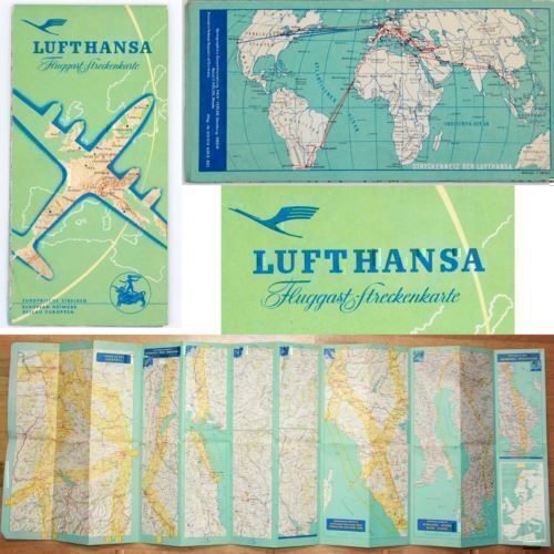 VINTAGE Large LUFTHANSA Airline Airplane Fold-Out Map Paris London Munich Travel