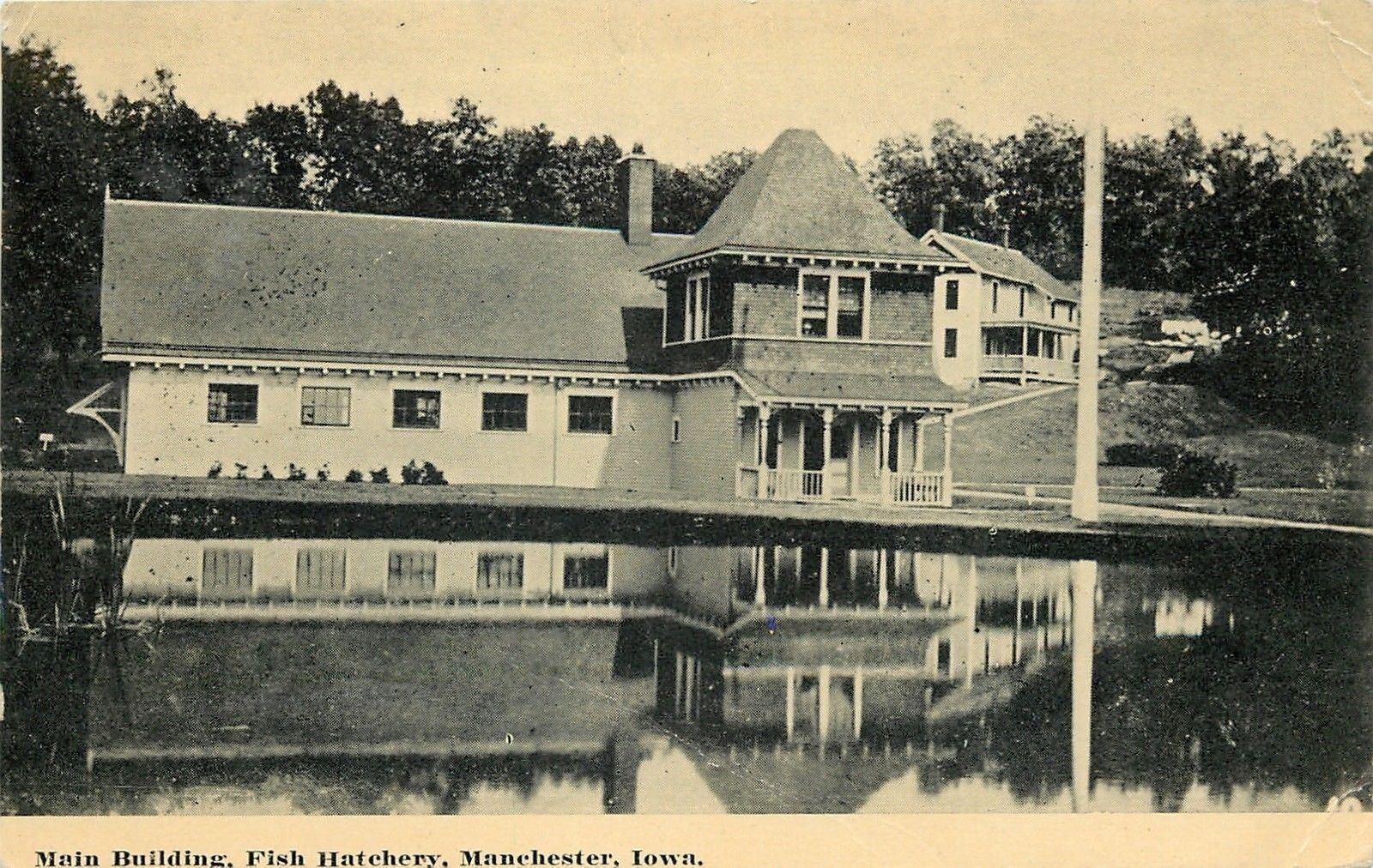 Manchester Iowa~Fish Hatchery Main Building~Pond Foreground~1913 B&W