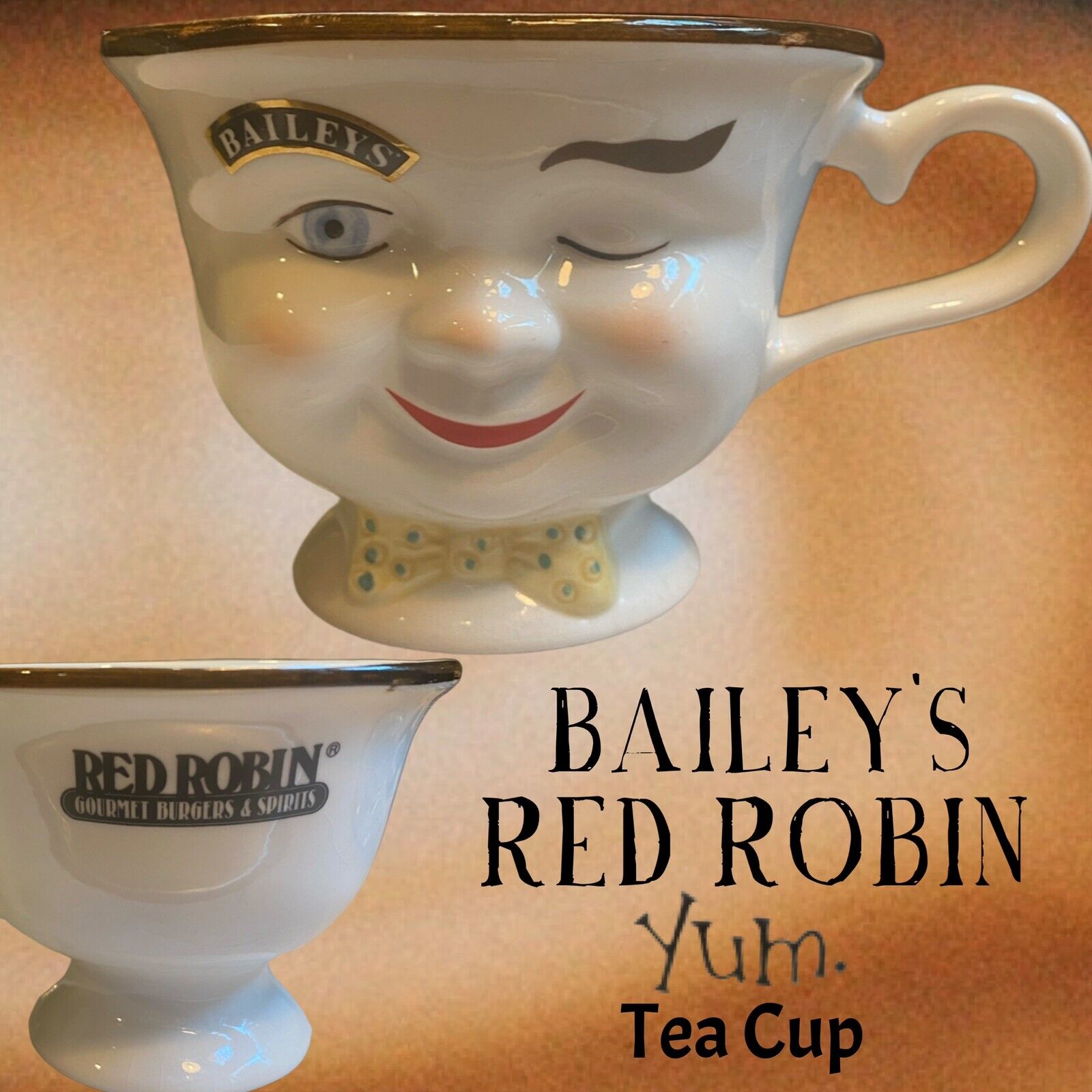 Vintage YUM Baileys Irish Cream RED ROBIN Winking Face Coffee Cup Yellow Bow Tie