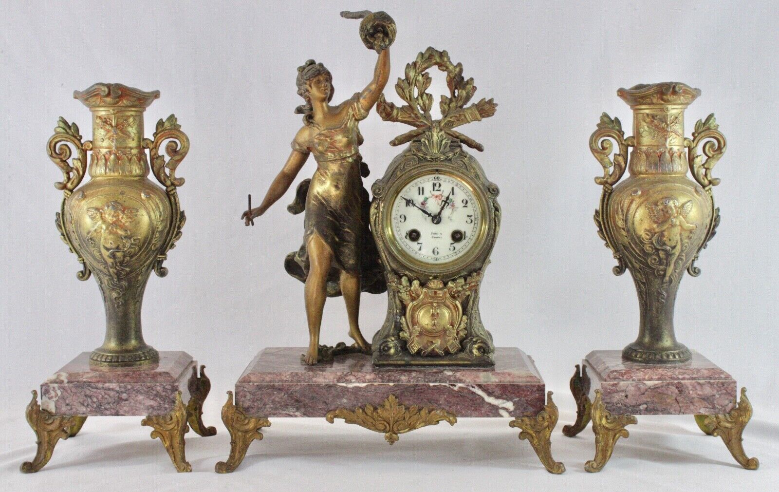 Antique French FORTIN RENNES Figural Mantel Clock & 2  Matching Garnitures. 1870