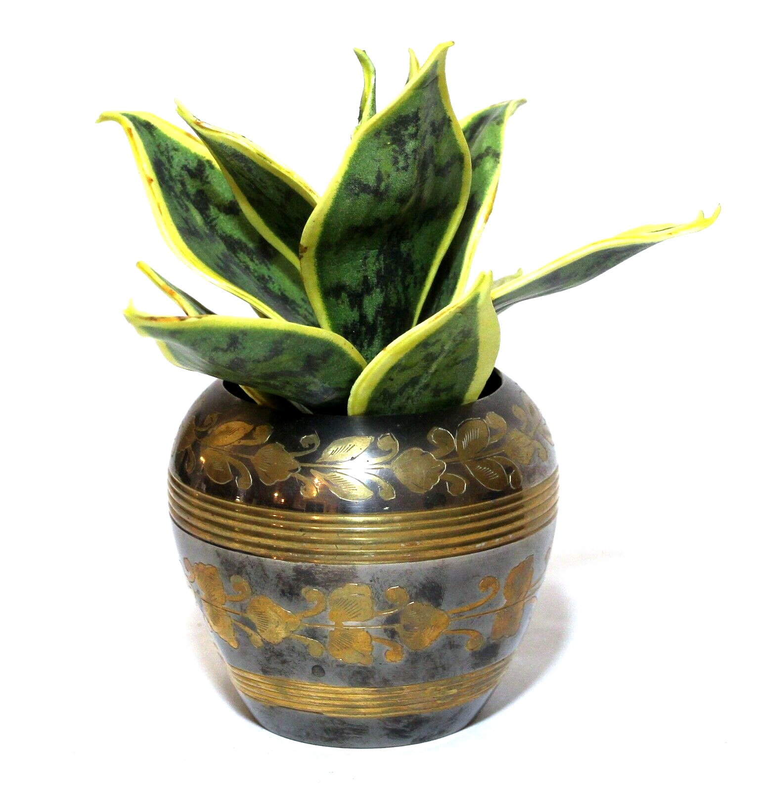 Vintage Brass & Black Vase Planter Small Flower Pot Etched India