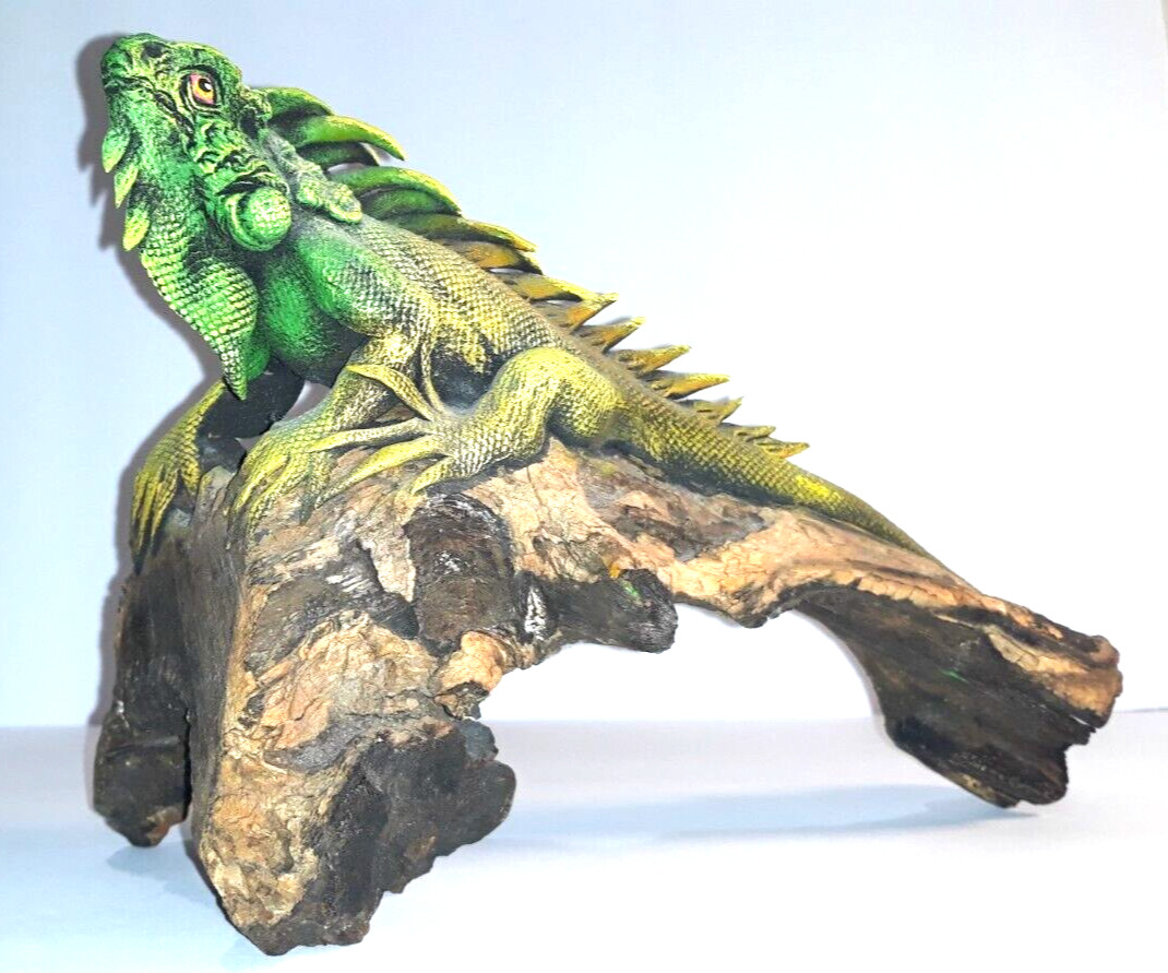 Hand Carved Iguana Lizard Driftwood Wood Statue Figure Nature Reptile 10.5” Long