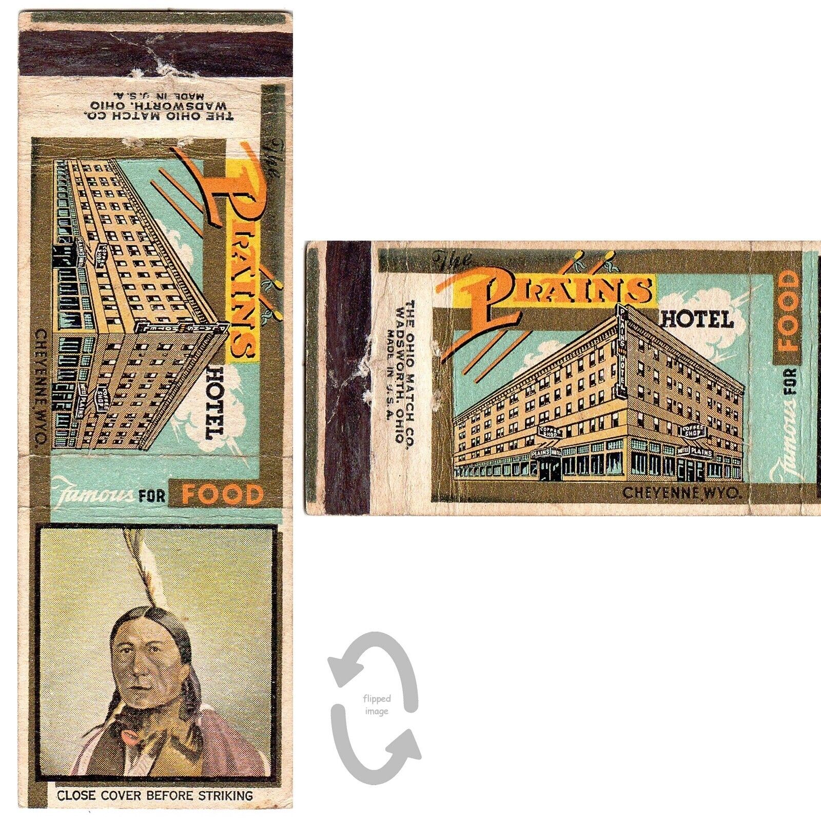 Vtg Matchbook Cover Plains Hotel Cheyenne Wyoming 1930s Indian Native American