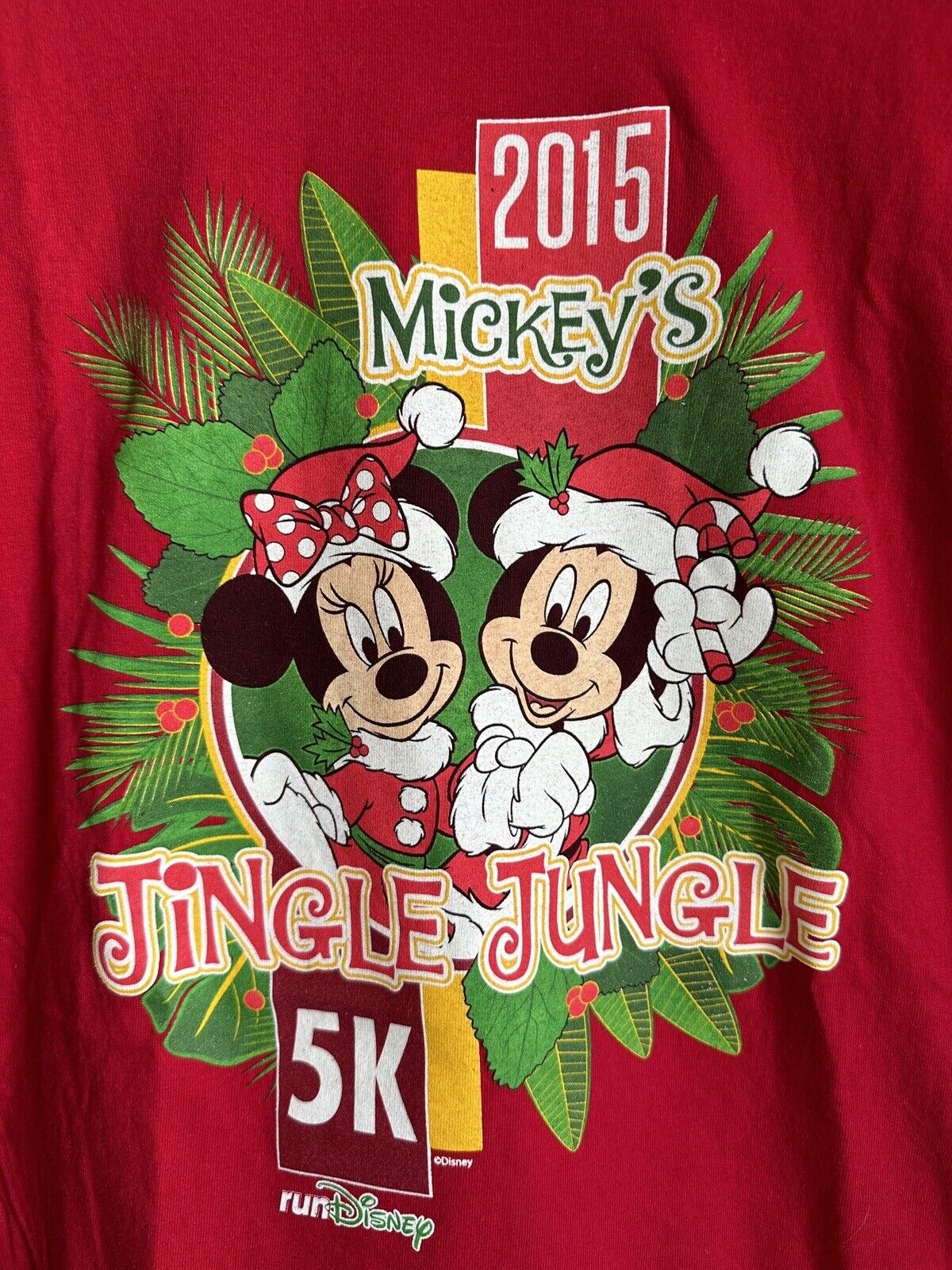 Walt Disney Hanes Run Disney Mickey’s Jingle Jungle 5K  2015 T Shirt Red Medium