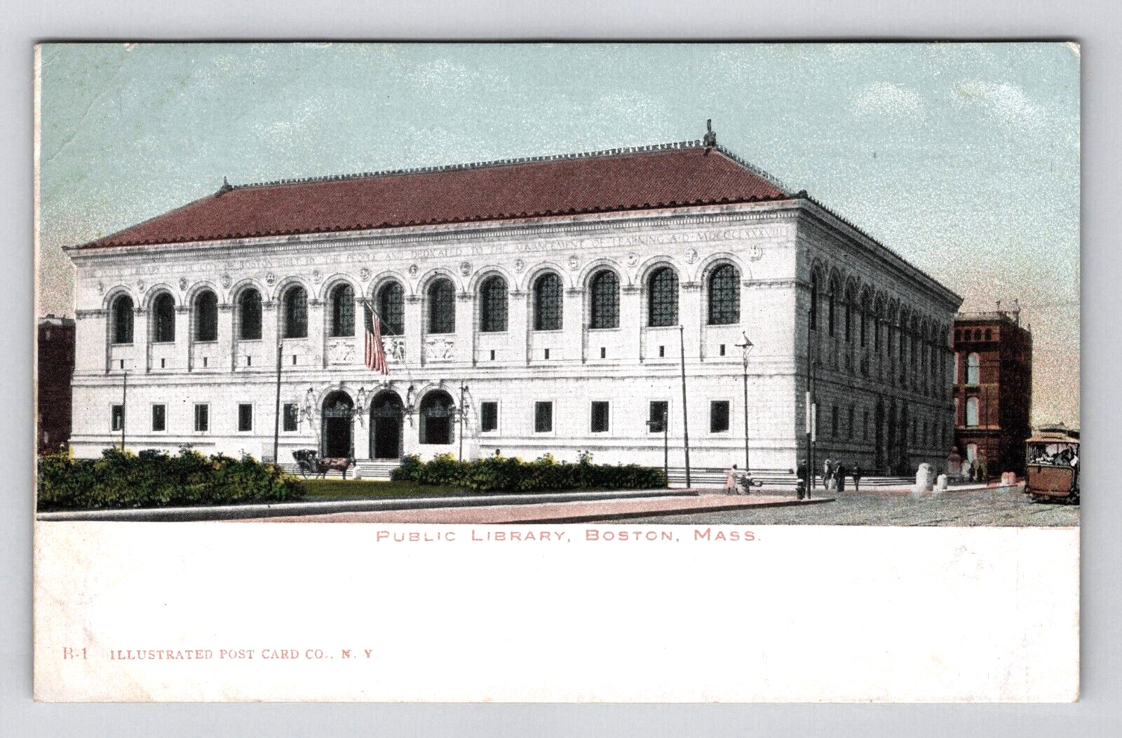 Postcard 1900s MA Public Library Building Flag Trolly Street View Boston Mass