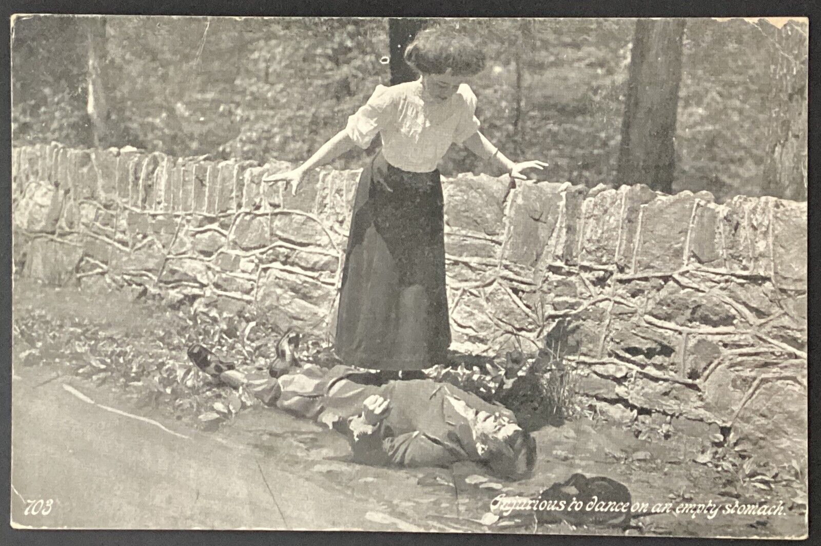 Woman on Man Injurious to Dance on Empty Stomach Vintage Postcard Posted 1908