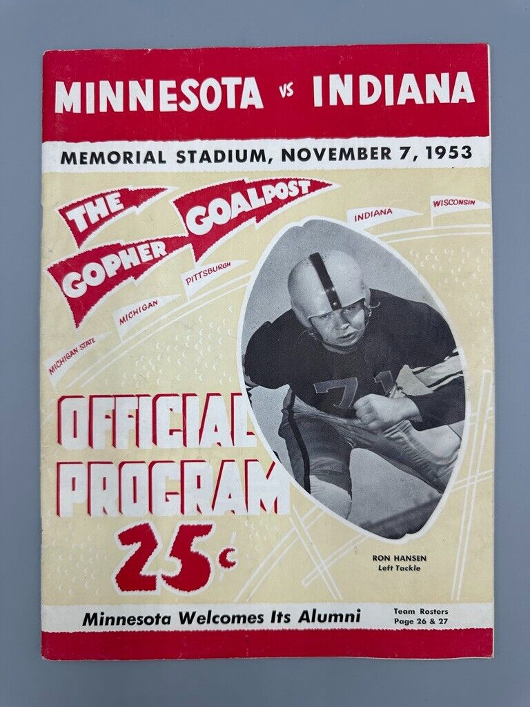 1953 UNIVERSITY of MINNESOTA Gophers FOOTBALL v Indiana PROGRAM