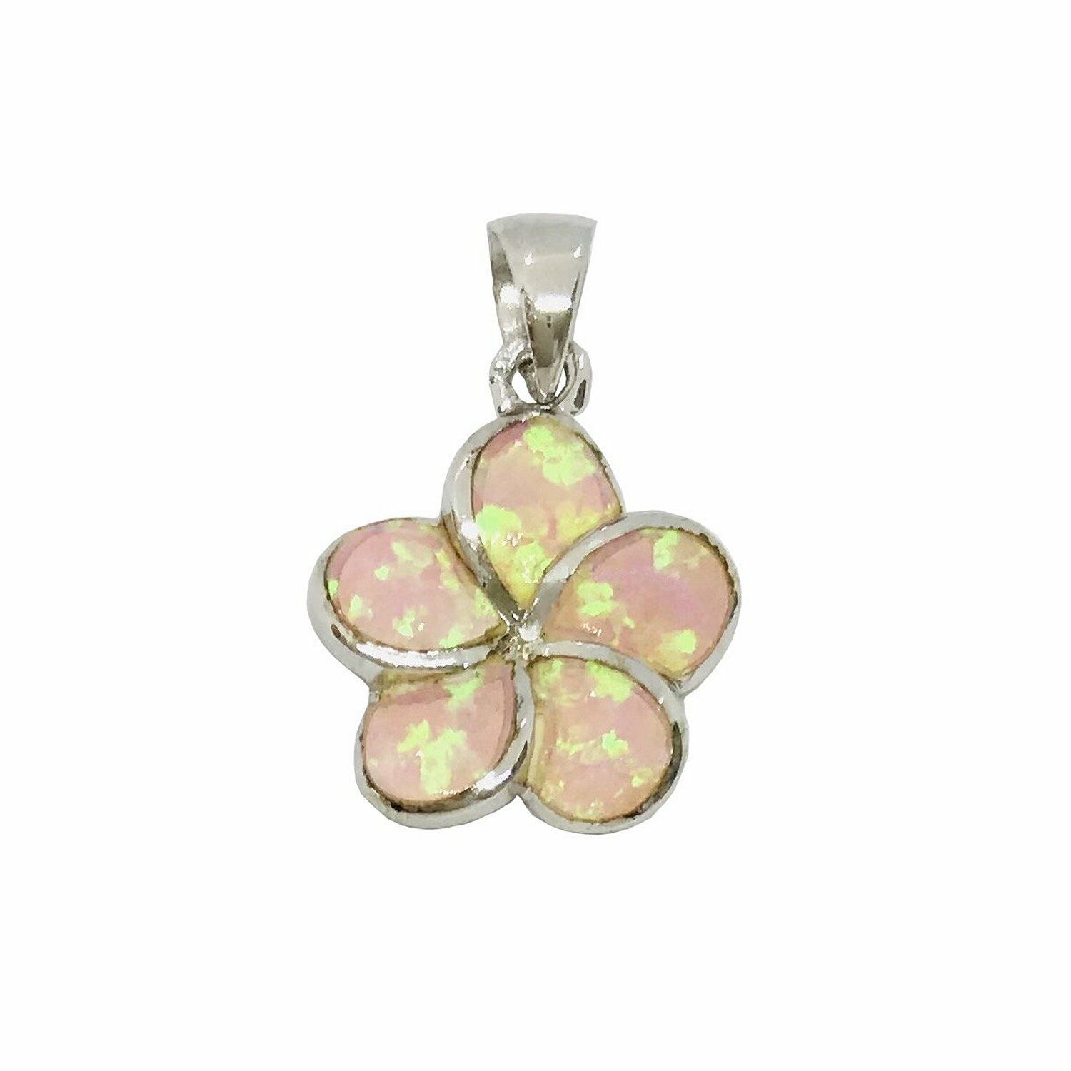 Sterling Silver Hawaiian Jewelry Plumeria Flower Lab Created Pink Opal Pendant