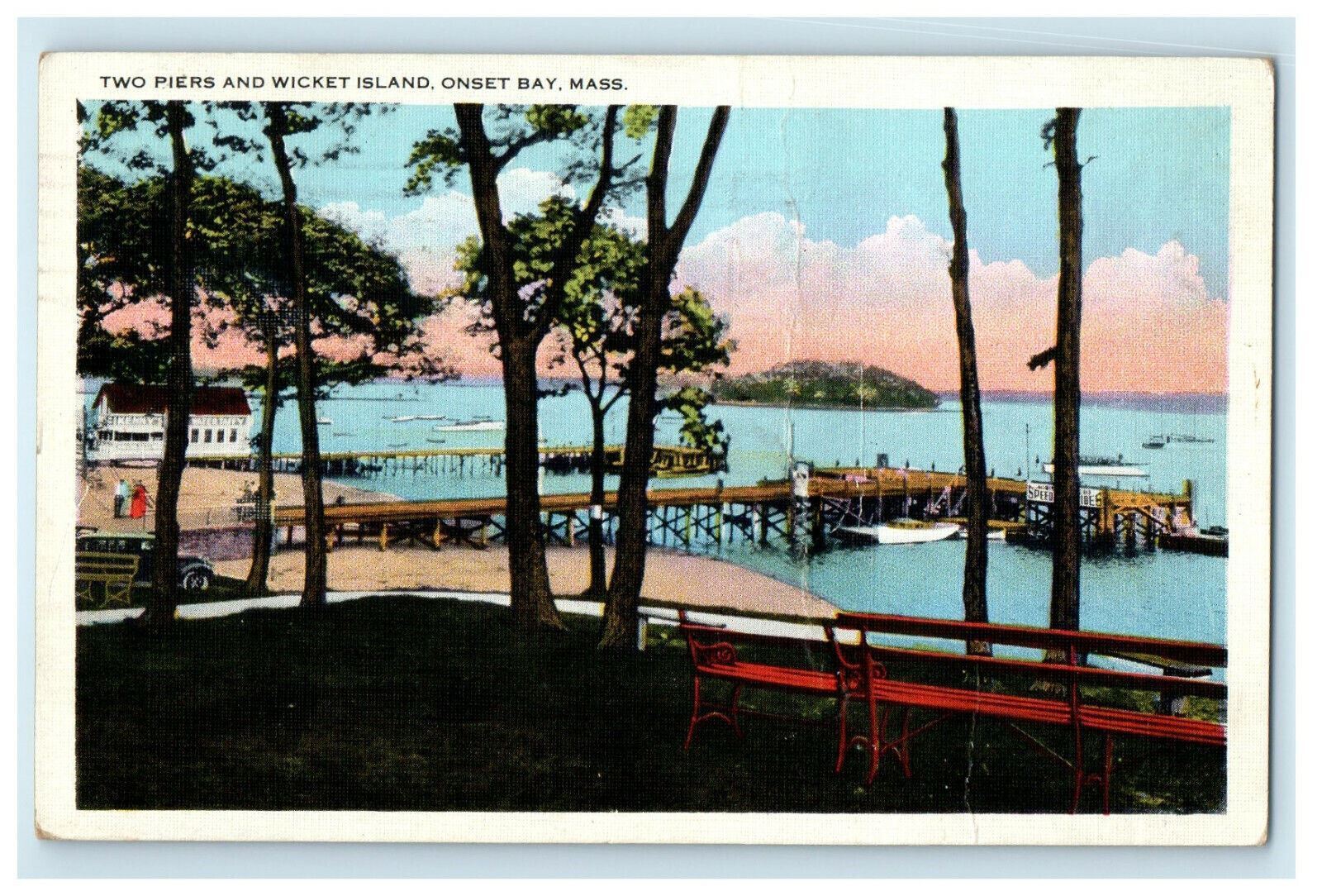 1934 Two Piers and Wicket Island, Onset Bay, Massachusetts MA Vintage Postcard