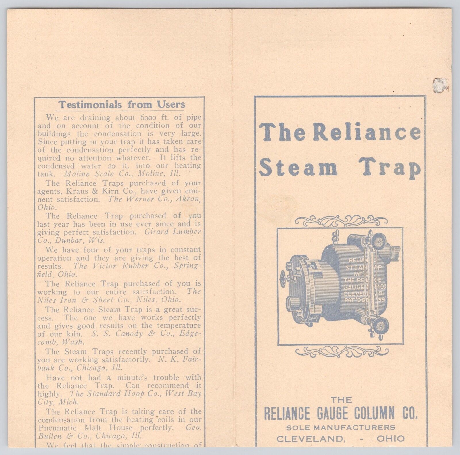 Antique c1899 Reliance Steam Trap Brochure Reliance Gauge Column Cleveland Ohio