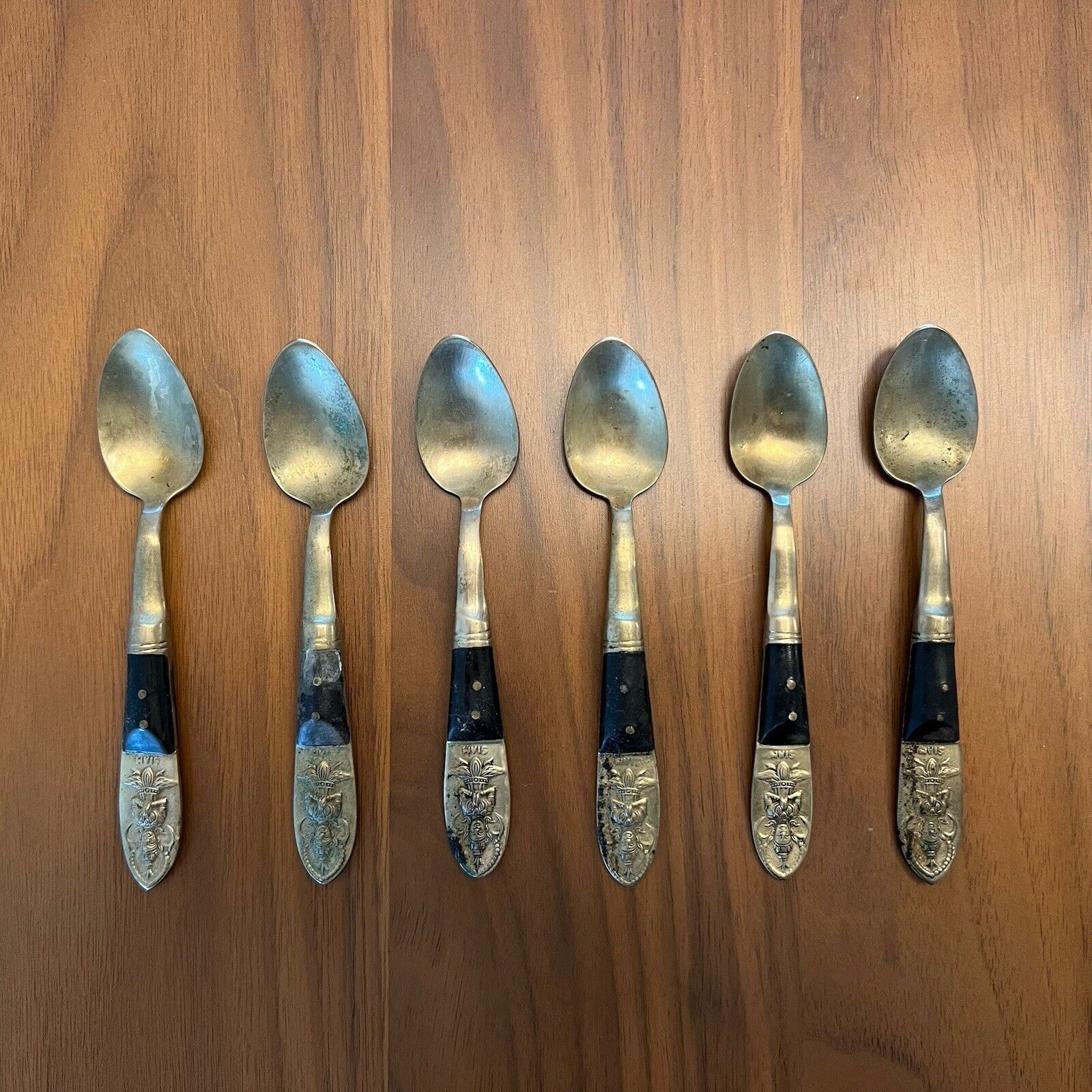 Vintage MCM Demitasse Brass Spoons From Thailand Rose Wood Handles Set of 6