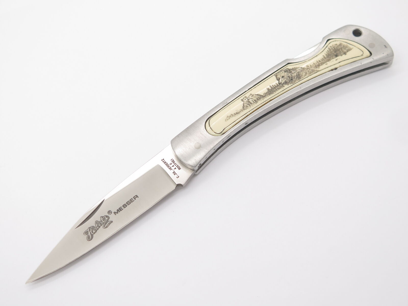 Vtg Herbertz G Sakai Seki Japan Bear Scrimshaw 4.1 Folding Lockback Pocket Knife