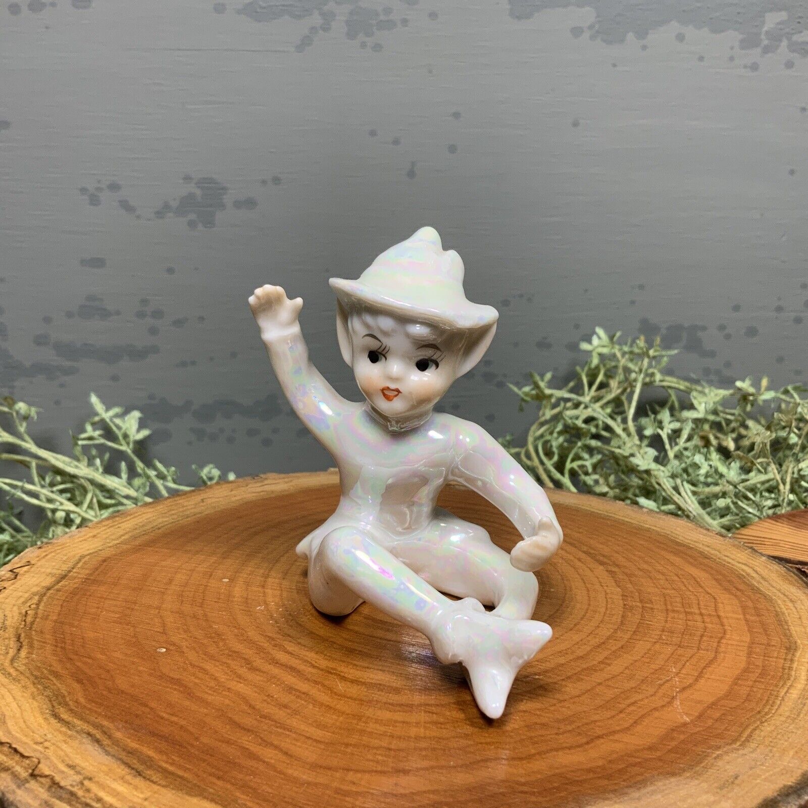 Vintage Lefton Porcelain Pixie Lusterware Taper Candle Hugger Figurine