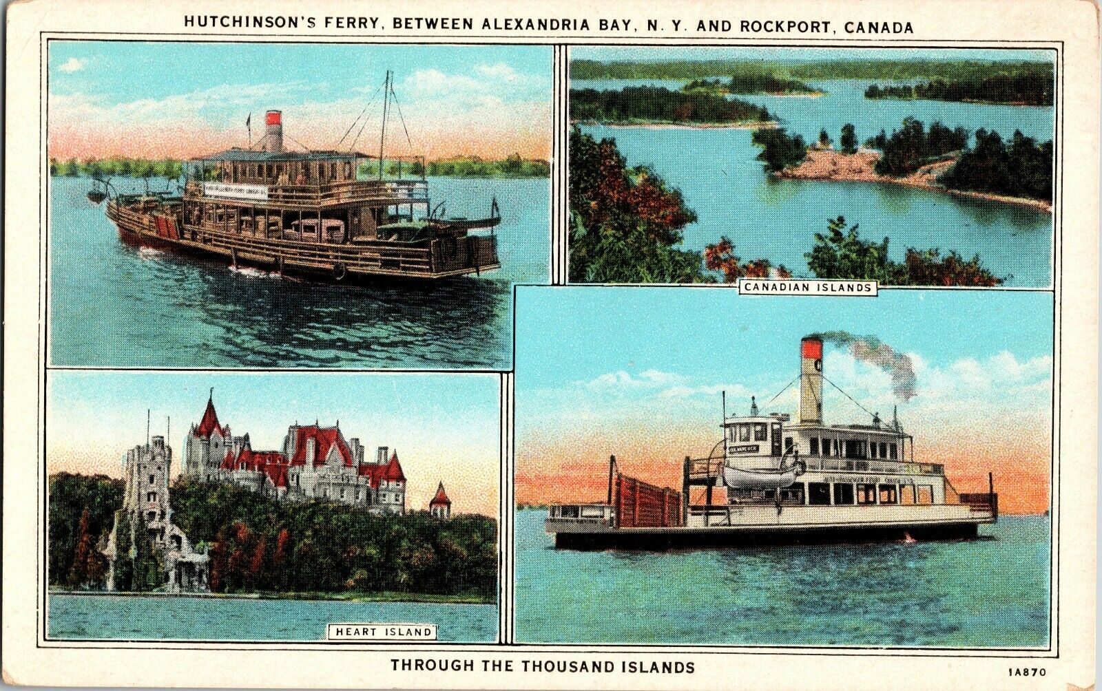 Vintage Postcard Hutchinson\'s Ferry Alexandria Bay NY Rockport Canada Ships  