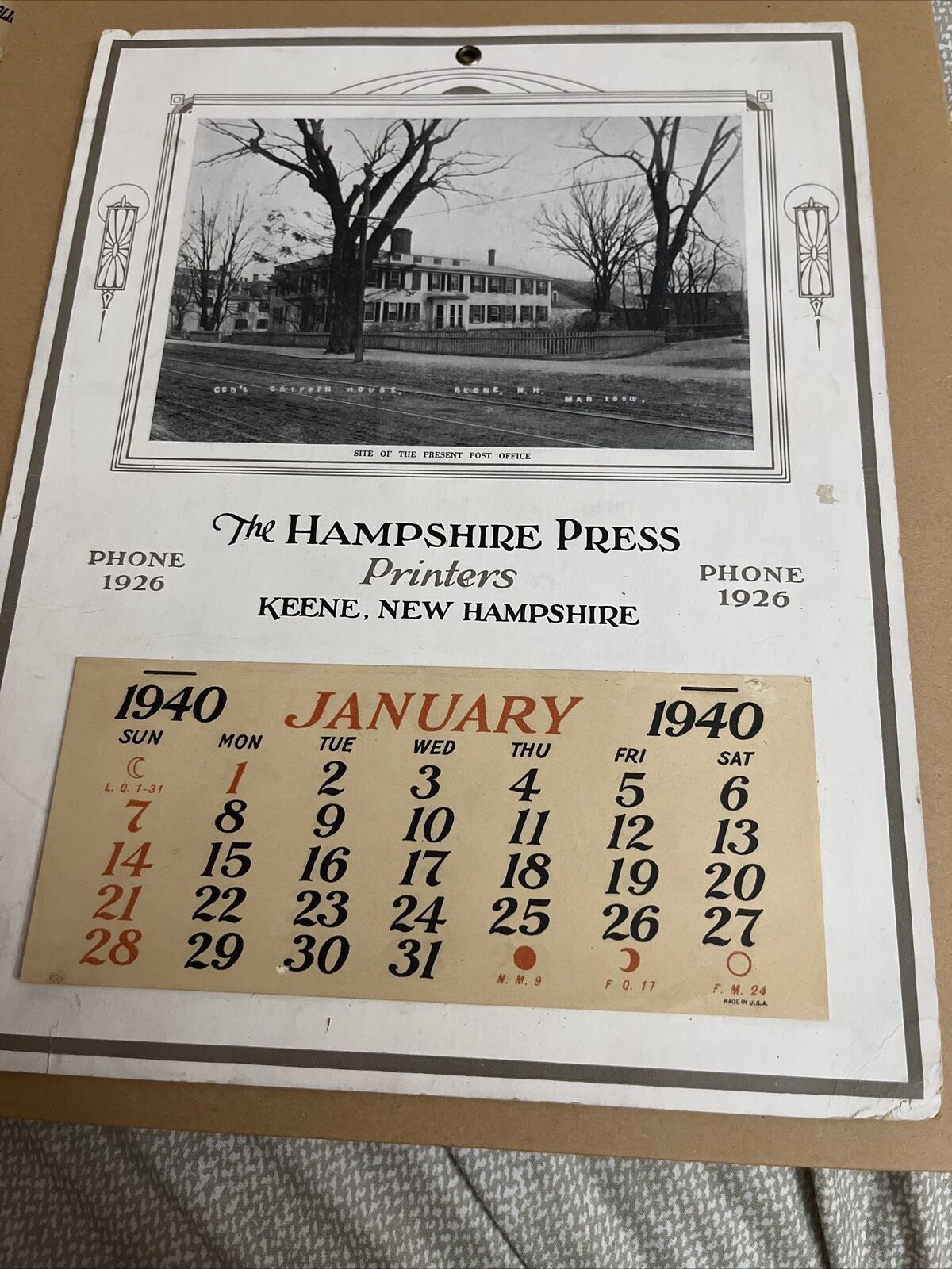 Vintage 1940 Calendar Featuring General Griffin House Keene New Hampshire Press