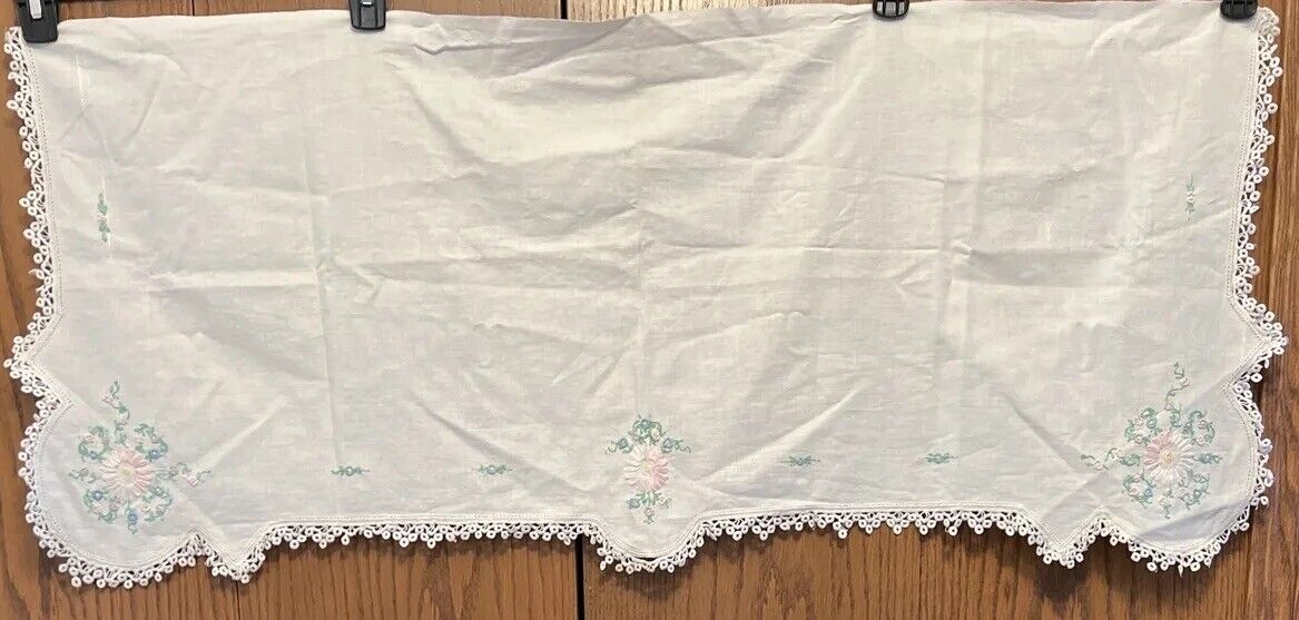 Vintage 42” X 17 1/2” Hand Embroidered  Floral & Lace White Dresser~Mantel Scarf