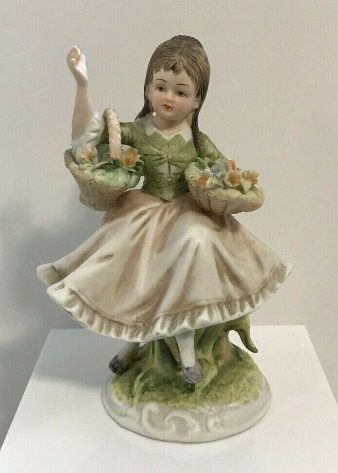 Vintage Lefton China Girl w/ Flower Baskets Hand Painted Figurine- KW118 - Japan