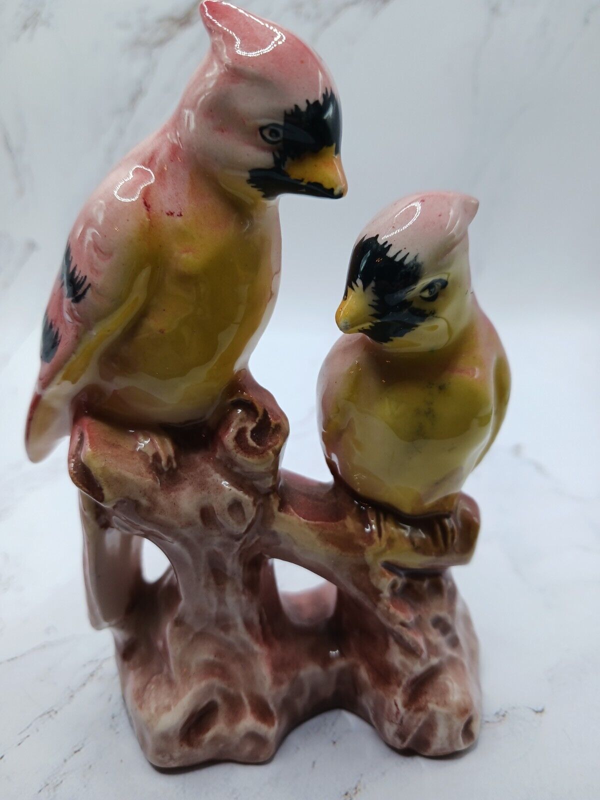 Vintage Porcelain Pink and Yellow Cardinal Pair Figurine Japan 4 1/2\