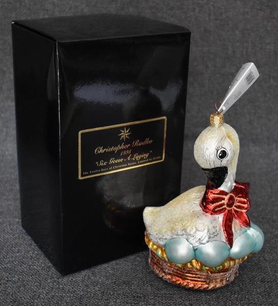 1998 CHRISTOPHER RADKO LTD ED SIX GEESE A LAYING CHRISTMAS ORNAMENT TAG AND BOX