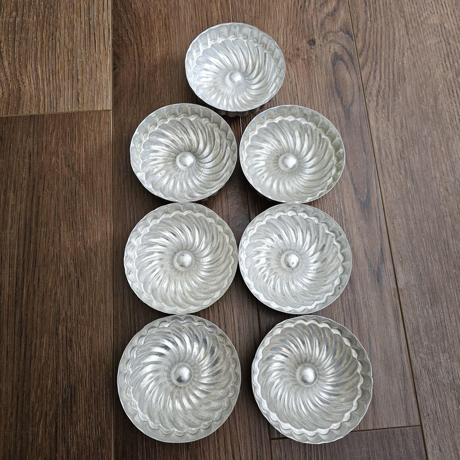 Set of 7 Vintage Fluted Aluminum Metal Gelatin Mold Custard Tin Cup Swirl Rare