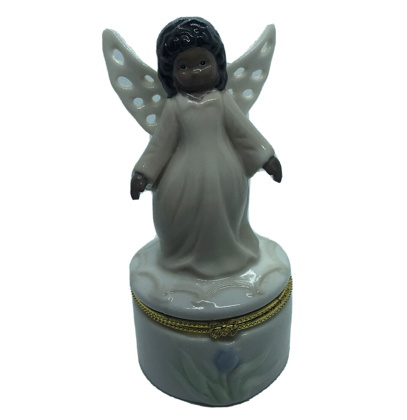 Trinket Box Winged Black African American Angel Vintage Porcelain Girl Flowers