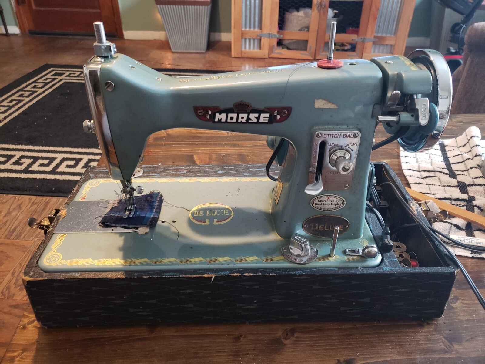 Morse 300  Deluxe Blueish-Green Sewing Machine with Case and Extras Excellent