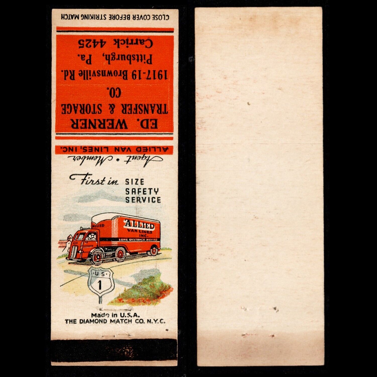ALLIED / ED. WERNER; Pittsurgh PA: Vintage 1930s-40s Matchbook Cover