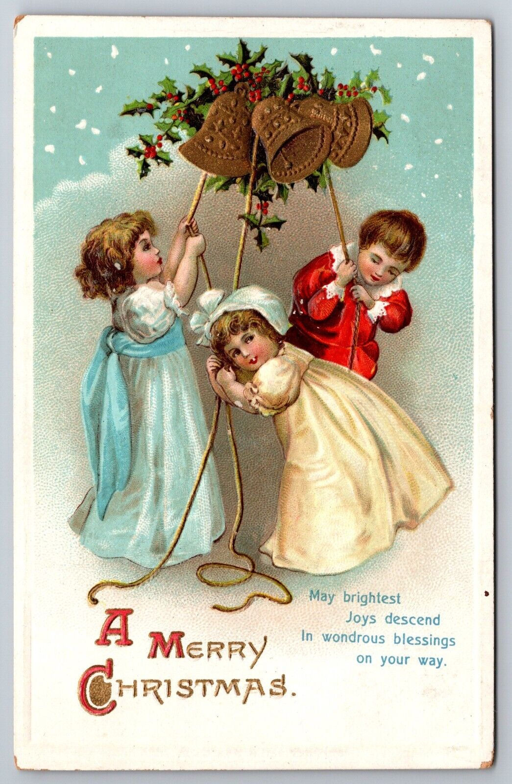 Children Ringing Gold Bells Holly Berries Merry Christmas Postcard