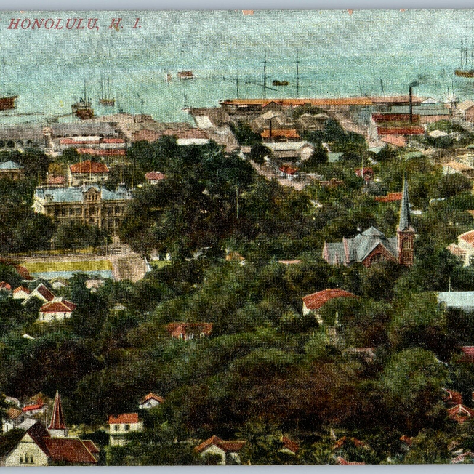 c1910s Honolulu, HI City Birds Eye Downtown Sailboat PC Hawaii Territory TH A188