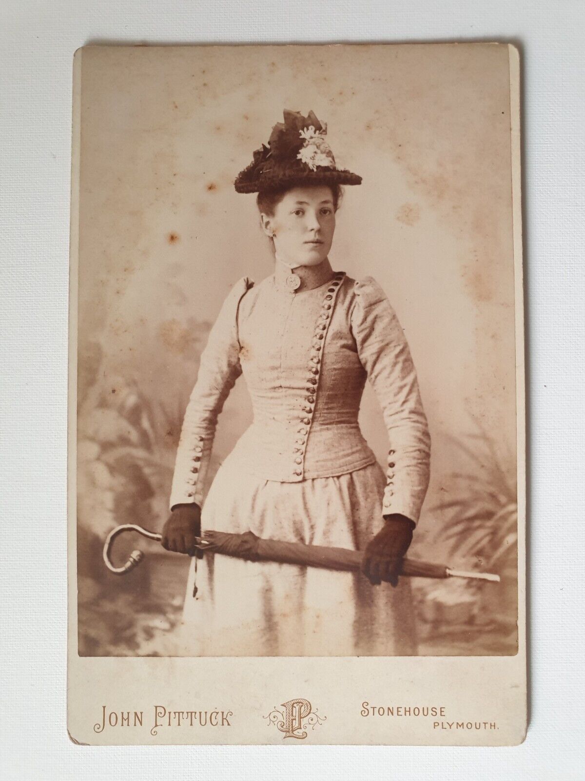 Cabinet Photo Of A Lady With An Umbrella. John Pittuck, Stonehouse, Plymouth.
