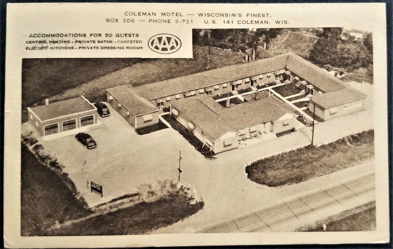 Roadside Motel: Coleman Motel, Aerial View, Cars, Coleman, WI. 1950s.