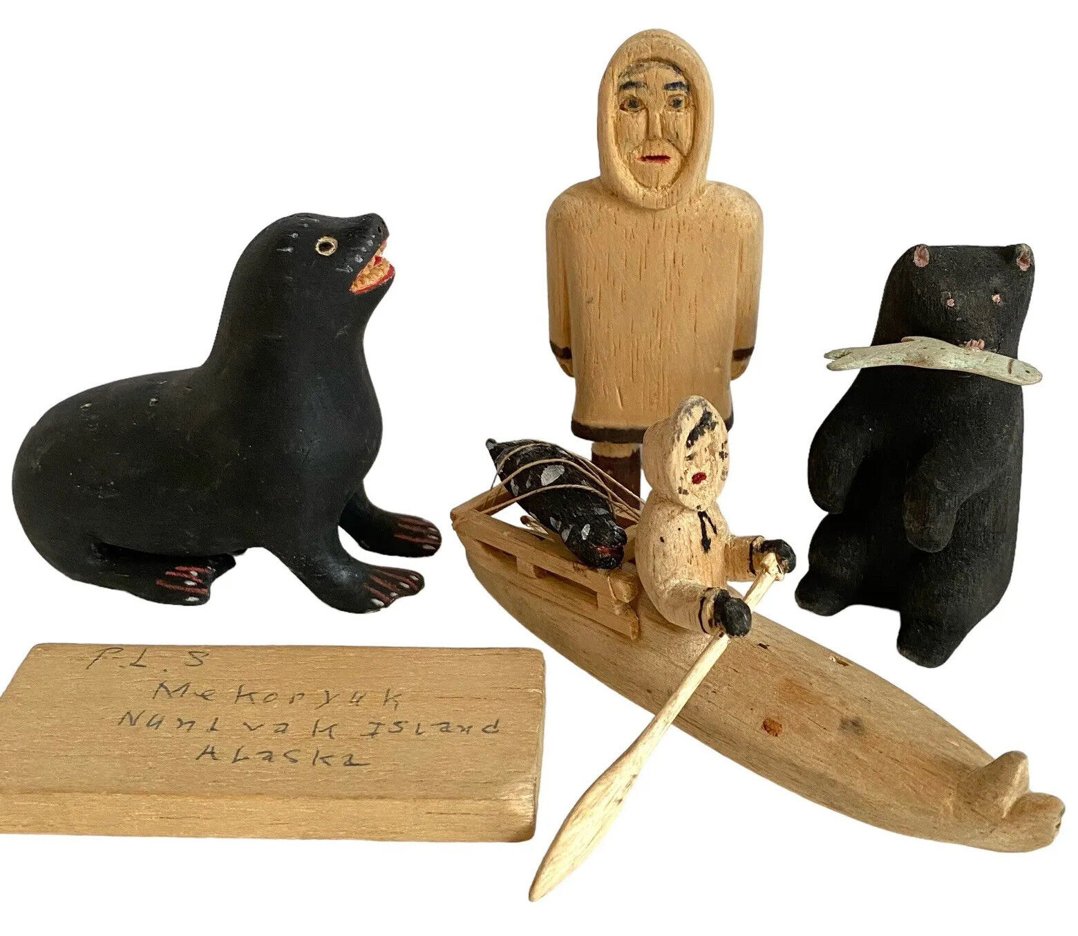 Nunivak Inuit Seal Hunter Bear Canoe Carving Wood Sculpture Northwest Coast Vtg