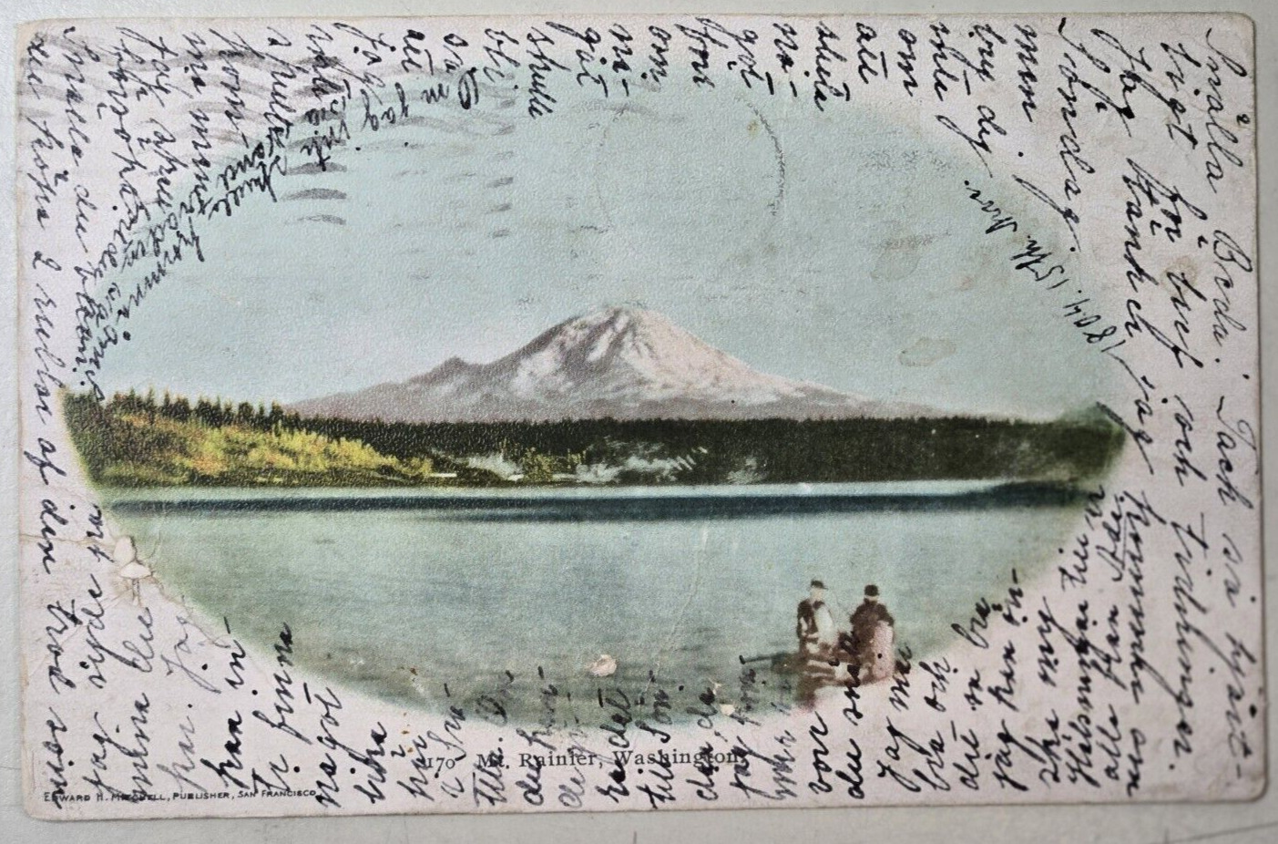 Vintage 1905 Color Postcard Mount Rainier Mountain Fishing Tacoma Washington