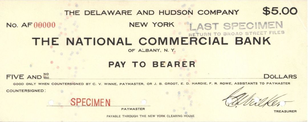 National Commercial Bank of Albany, N.Y. - American Bank Note Company Specimen C