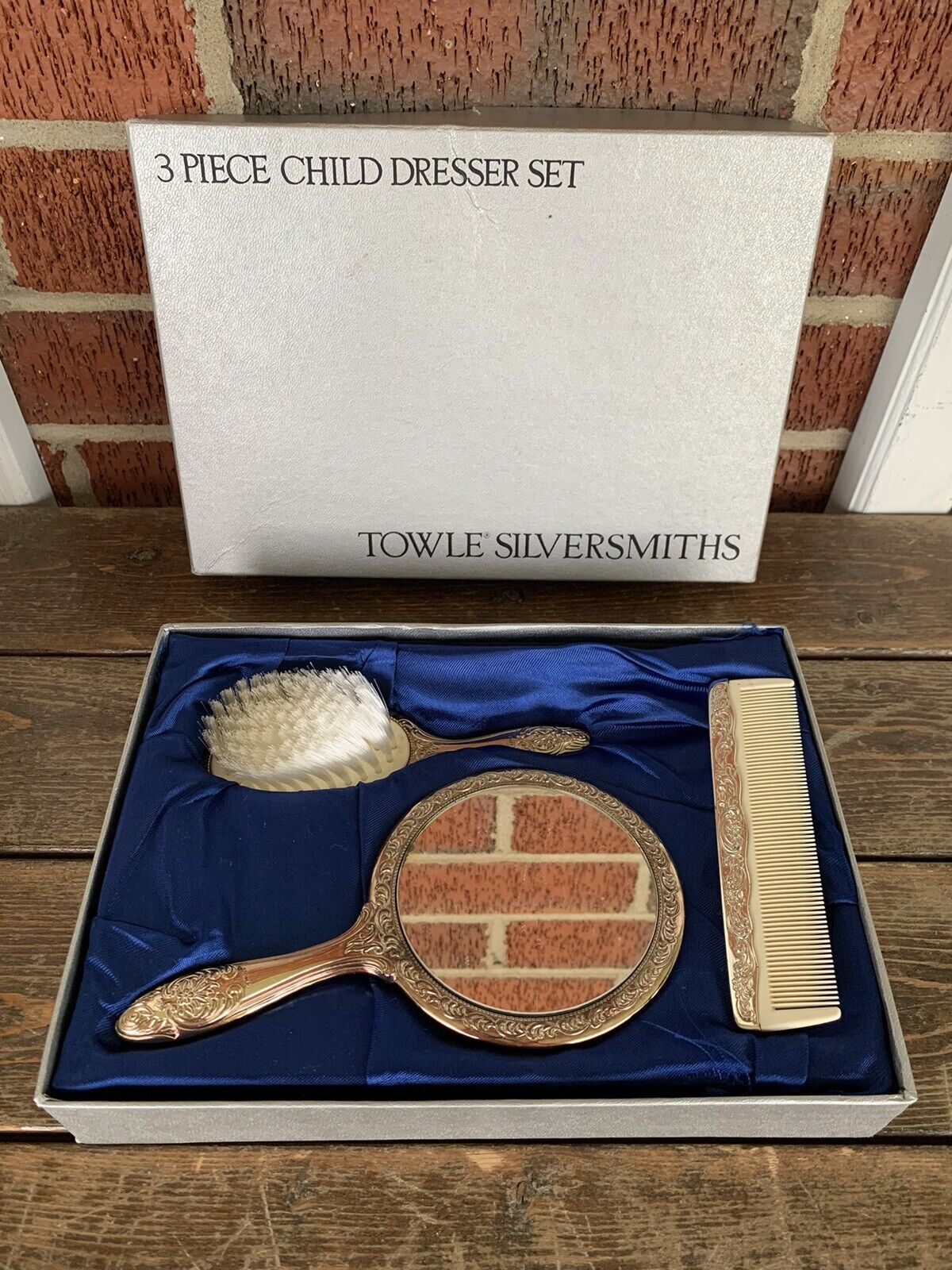 Vintage Towle Silversmiths 3 Piece Child Dresser Set ~ Opened box, never used.