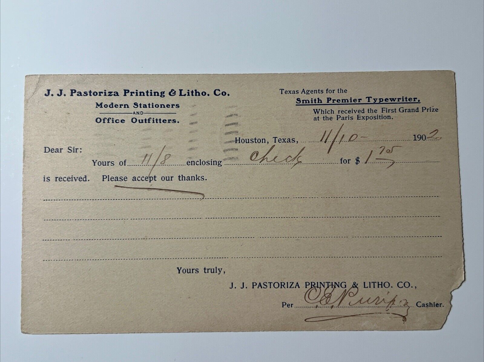 1902 Vtg J.J. Pastoriza Printing Company HOUSTON Texas Postcard Receipt Olive