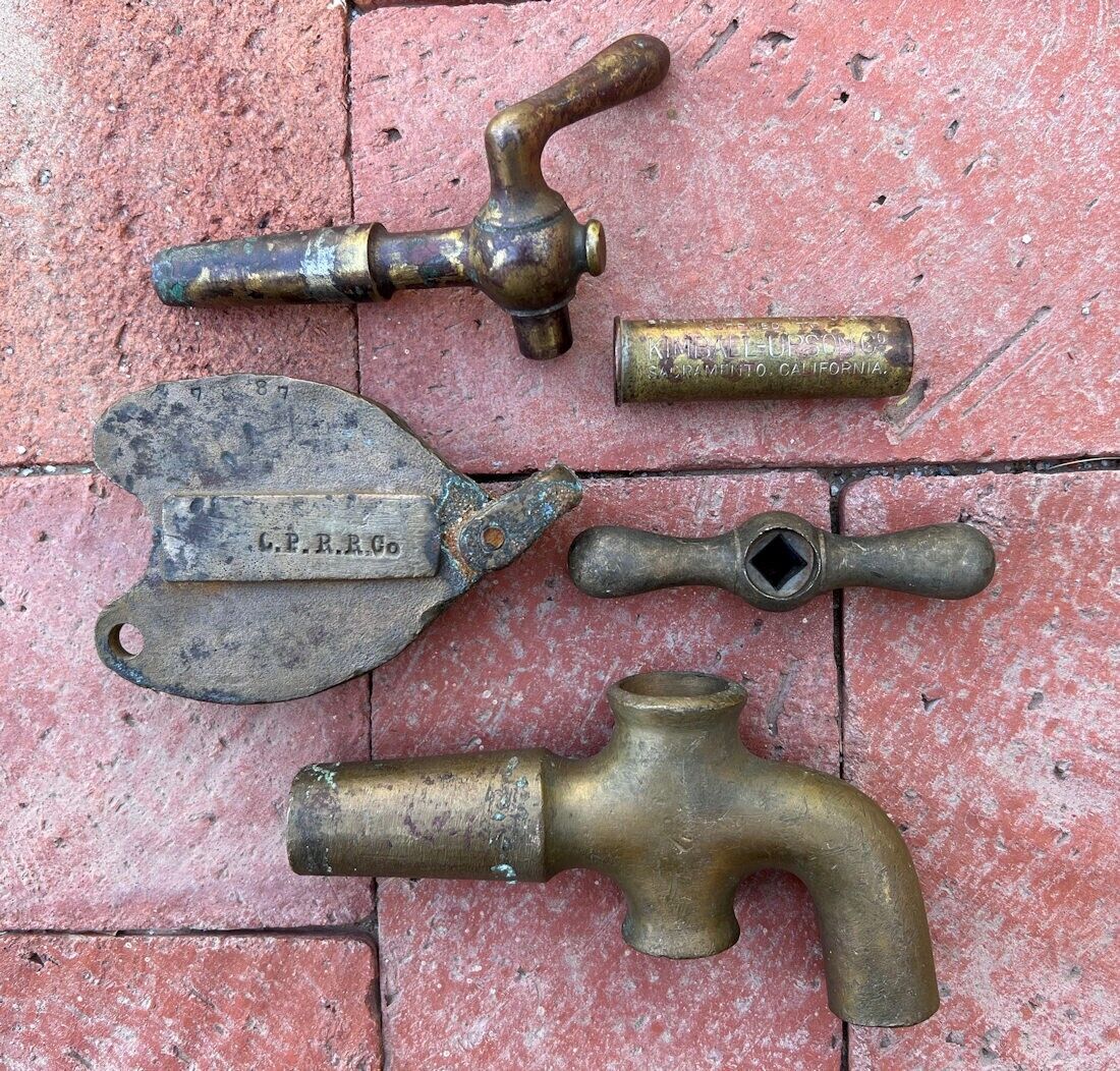 Antique Brass Relics: Central Pacific RR lock face, Stopcocks, Tire Gauge, ...