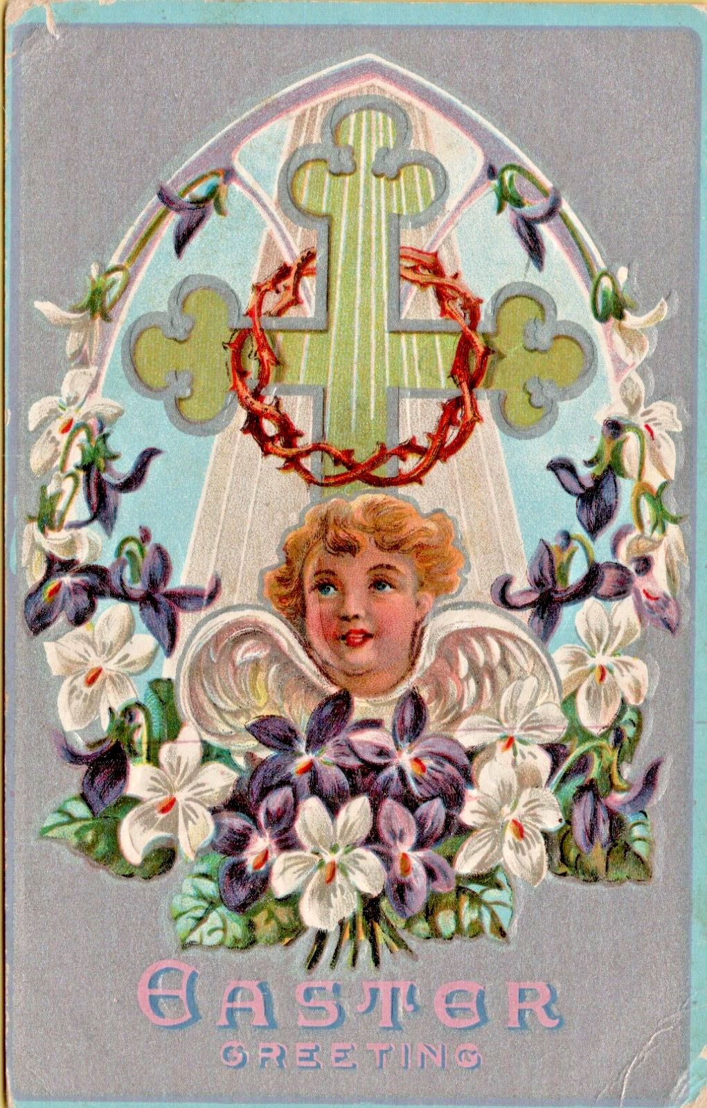Antique Easter Greeting Postcard Cross Angel Thorn Crown Violets c1910 Unposted