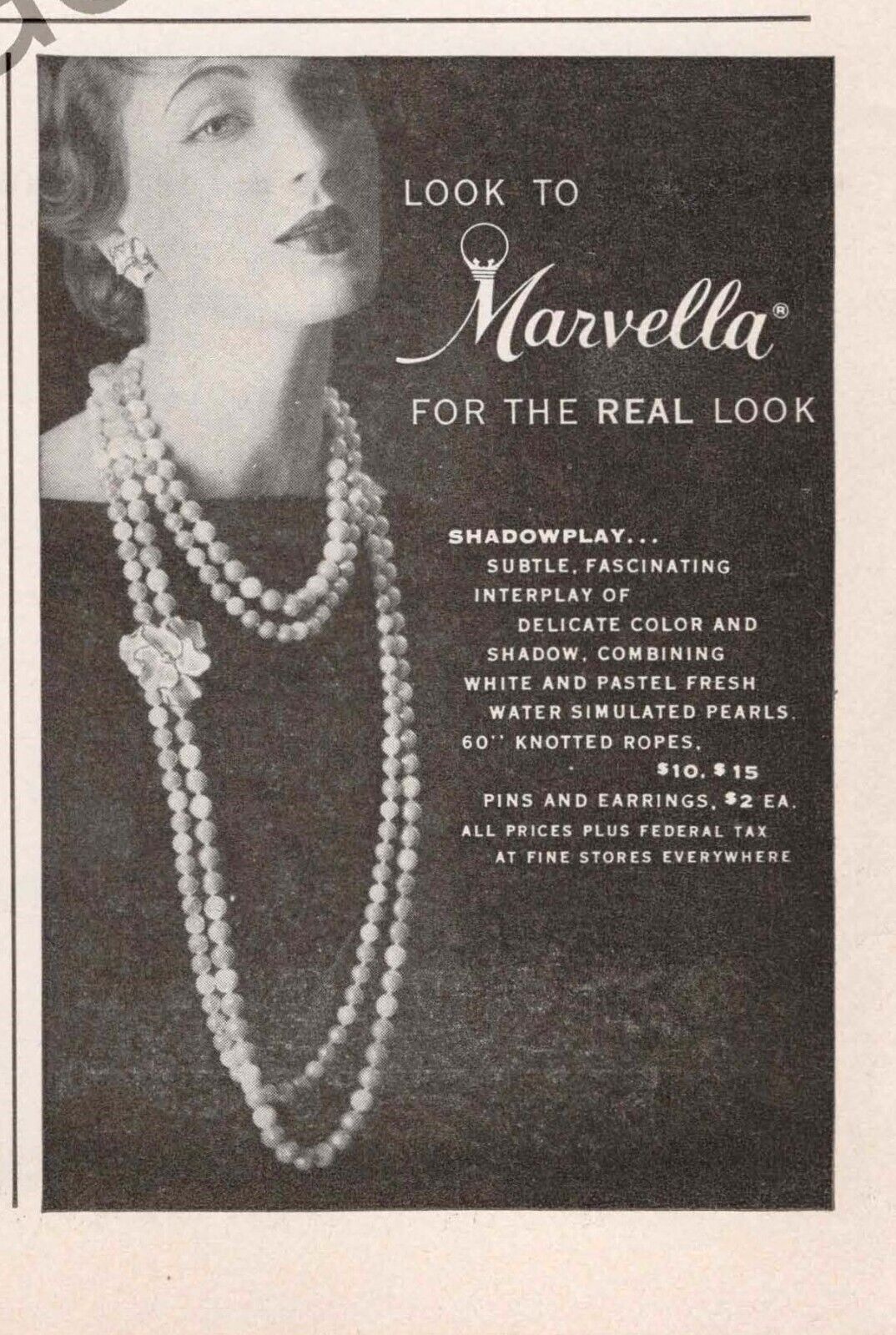Marvella For the Real Look Pearls Print Ad 1957