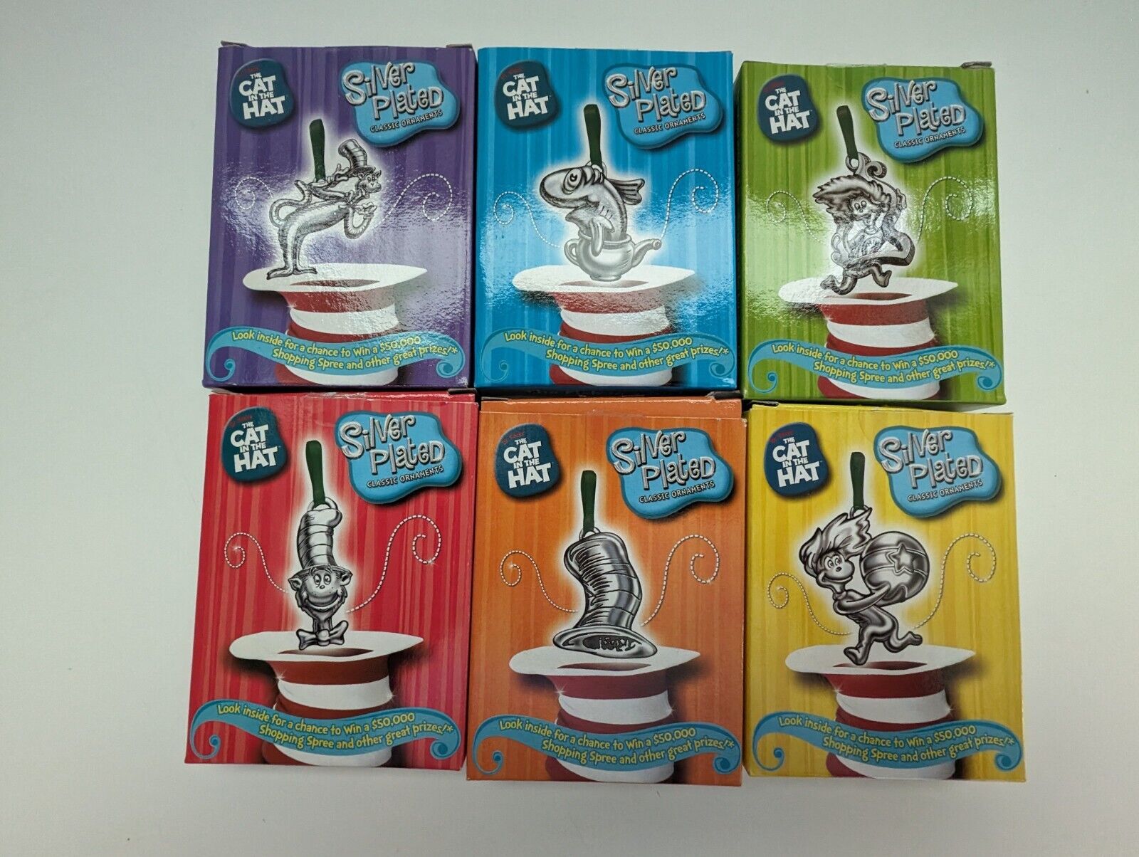 Set Of 6 Dr Seuss Cat In The Hat Silver Plated Christmas Tree Ornaments Complete
