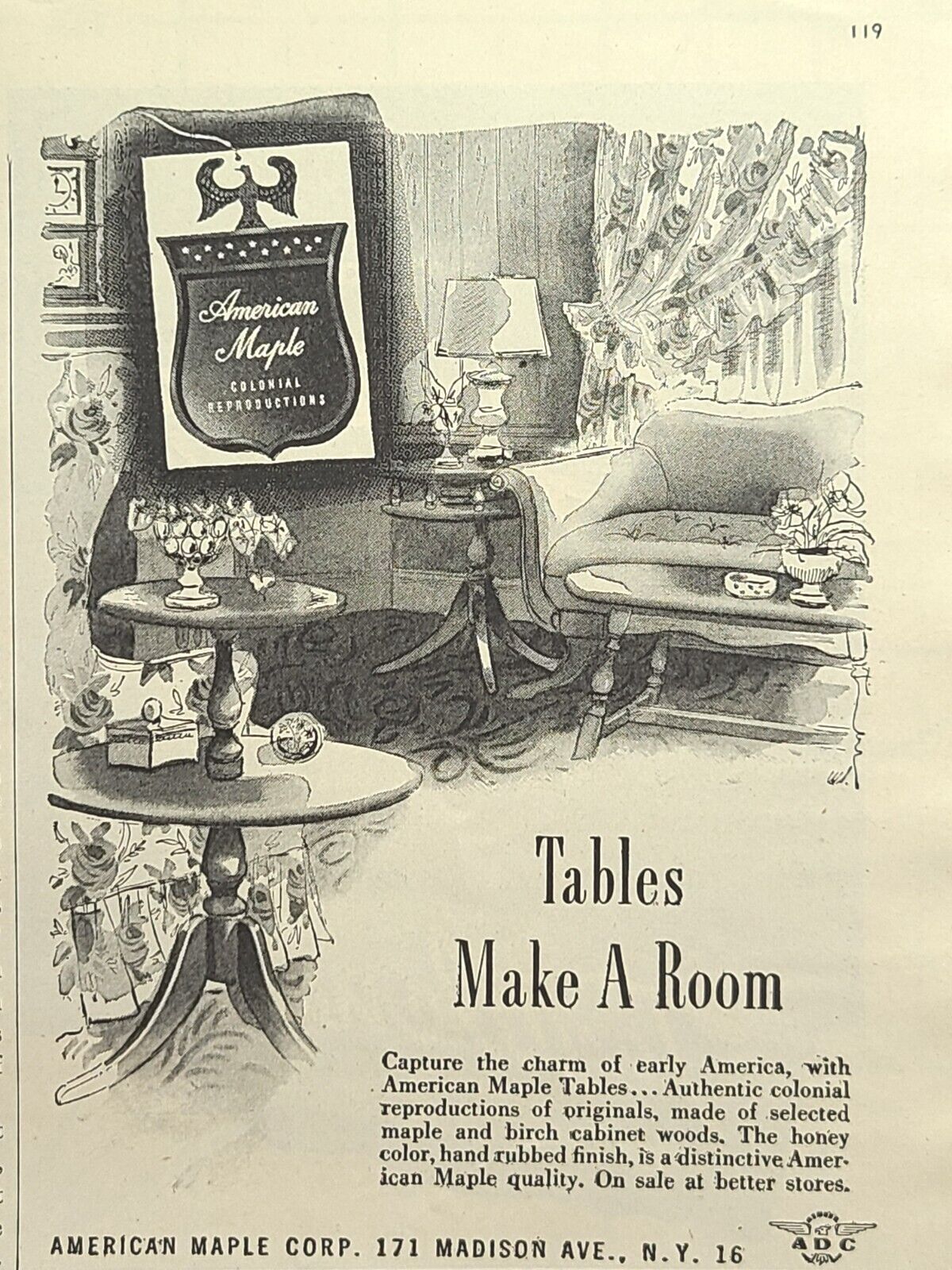 American Maple Corp Colonial Reproduction Tables Vintage Print Ad 1946
