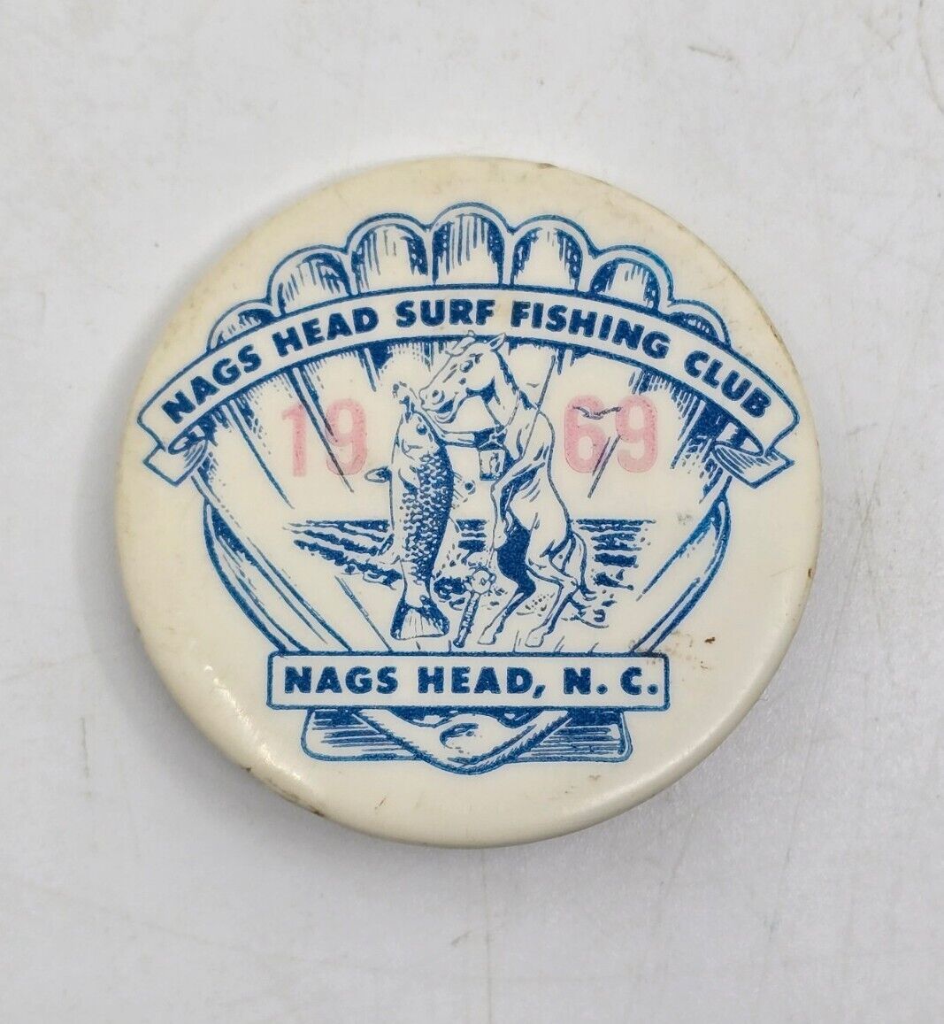 VTG 1969 Surfing Fishing Pin Button NAGS HEAD CLUB NORTH CAROLINA Pinback NC
