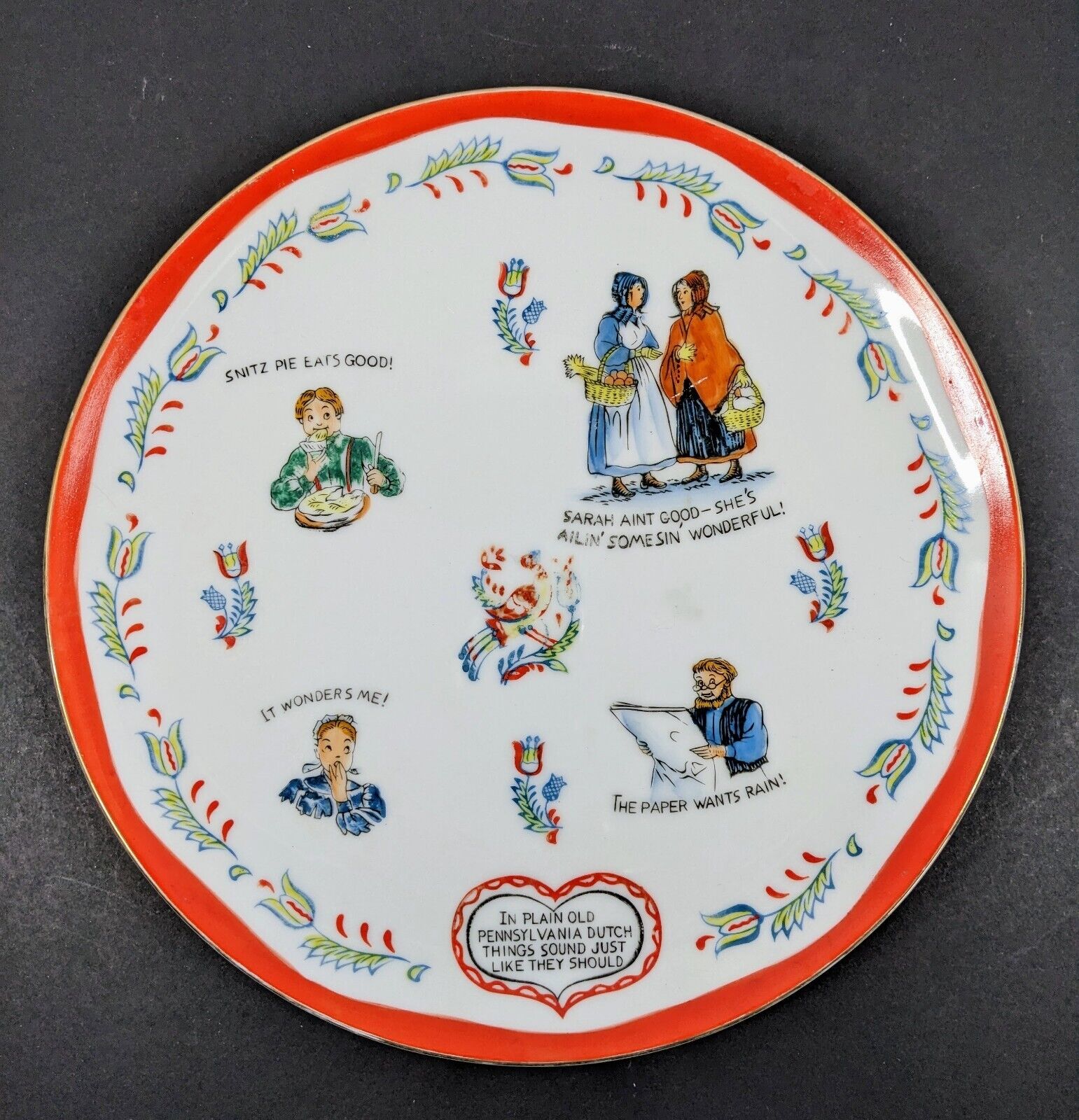 Amish Style Plate Pennsylvania Dutch Sayings Red & Blue 10.5\