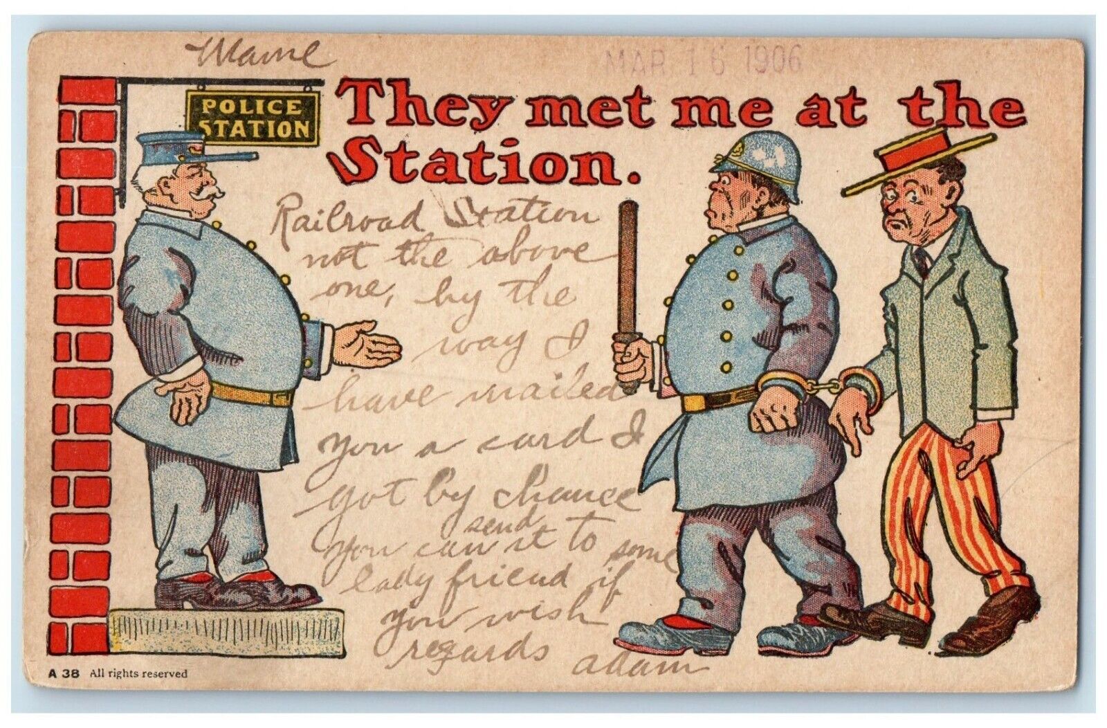 1906 Police Station Cached Man They Met Me At The Station Antique Postcard