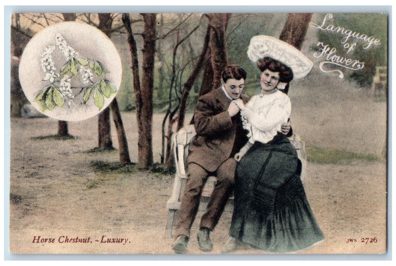 Language Of Flowers Postcard Couple Romance Horse Chestnut Luxury c1910\'s