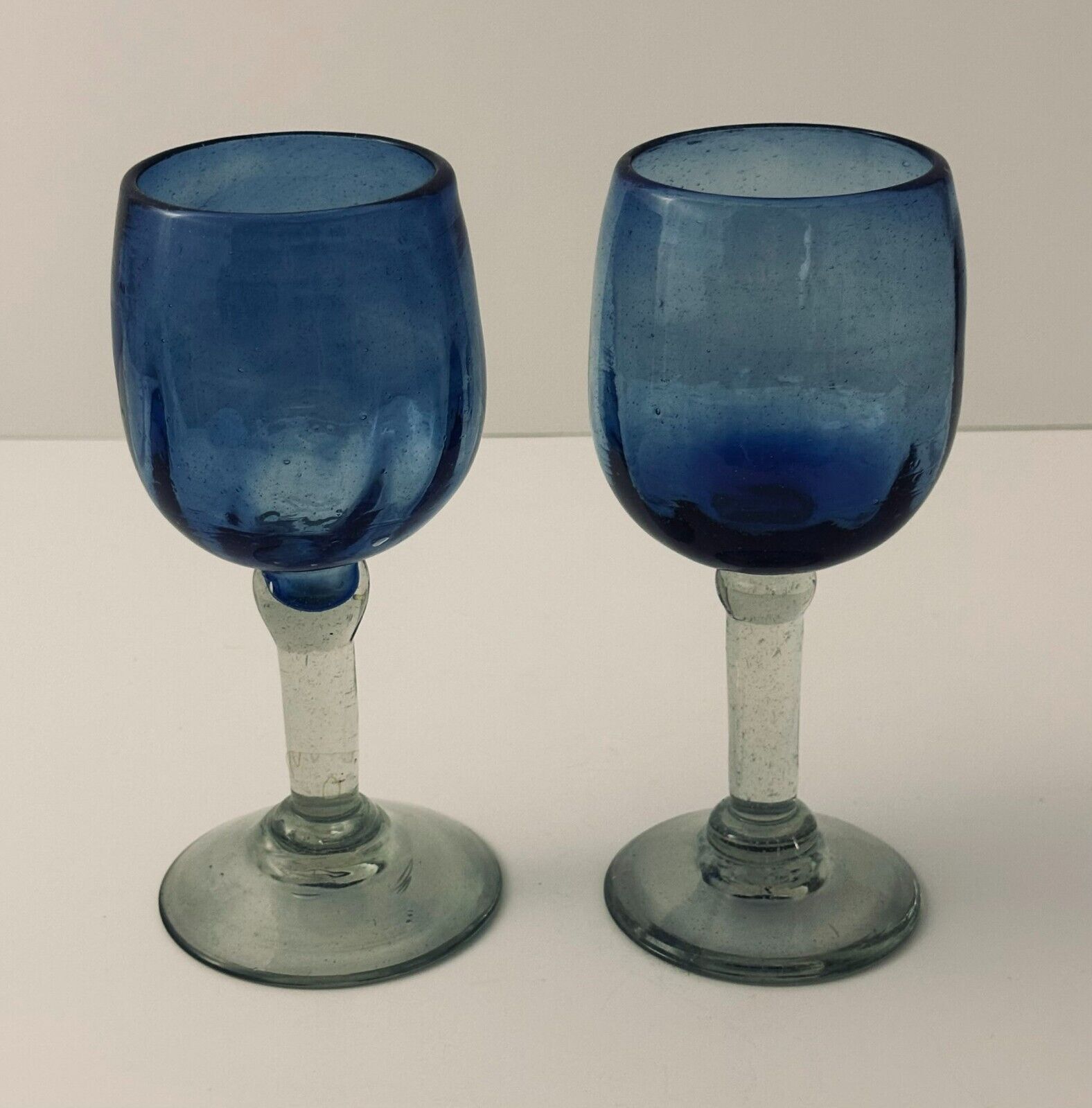 Two Pier 1 Handblown Cobalt Blue Mexican Recycled Glass Goblets 7.5in Tall