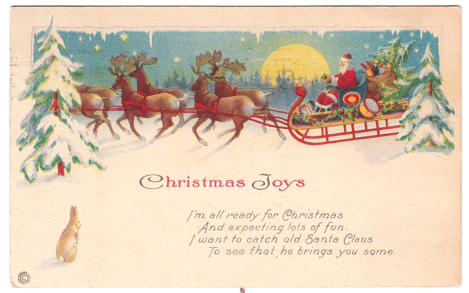 Reindeer Pull Santa\'s Sled in Moonlit Forest ~Vintage Stecher Christmas Postcard